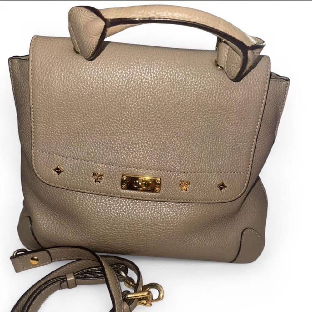 MCM two ways Beige Leather Top-Handle Women’s Bag with Gold Hardware